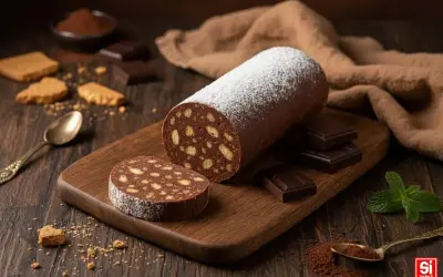 Salame di cioccolato ricetta con cacao, cosparso di zucchero a velo, su tagliere di legno. Biscotti, cioccolato e menta completano la scena.