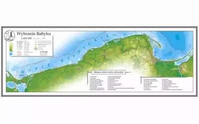 Mapa Wybrzeża Bałtyku z zaznaczonymi atrakcjami turystycznymi. Długość polskiego wybrzeża jest tu przedstawiona w skali 1:400 000.