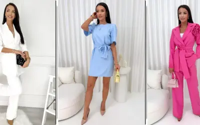 Eleganckie stylizacje na komunię: biały garnitur, błękitna sukienka i różowy komplet. Inspiracje na wyjątkowe okazje.