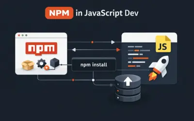 Diagram przedstawia proces instalacji pakietów w JavaScript, gdzie npm save dev pozwala na dodawanie zależności.
