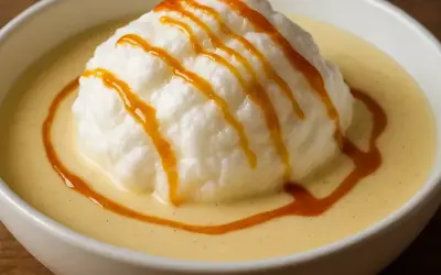 Île flottant, un délice aérien comme une recette de grand-mère, baignant dans une crème anglaise onctueuse et décoré de caramel.