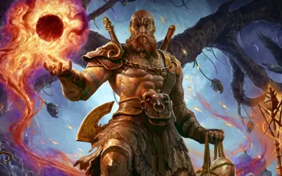 Potężny barbarzyńca z Diablo 4, emanujący mocą, tworzy ognistą kulę. Jego zbroja i broń sugerują idealny diablo 4 barbarzyńca build.