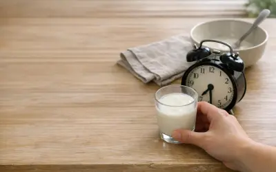 Un bicchiere di kefir pronto per essere gustato. L'orologio indica che è ora di bere kefir la sera.