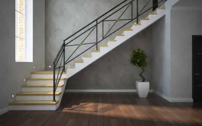 Nowoczesne schody z żywicy, z metalową balustradą i drewnianymi stopniami. Elegancki dodatek do każdego wnętrza, który podkreśla jego styl.