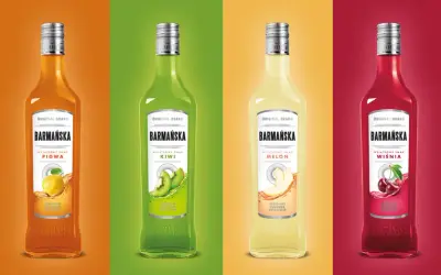 Sześć butelek Barmańska o różnych smakach: arbuz, pigwa, kiwi, melon, wiśnia i cytryna. Zastanawiasz się, barmańska ile procent?