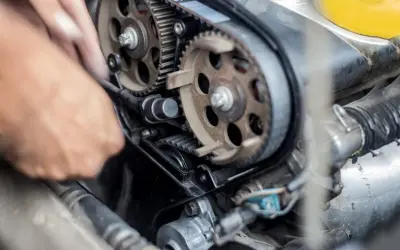 Mano che lavora per cambiare cinghia distribuzione motore auto, con ingranaggi e pulegge in primo piano.
