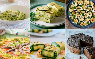 Variedad de recetas con calabacín: espaguetis, lasaña, ensalada a la parrilla, pizza, rollitos y pastel de chocolate.