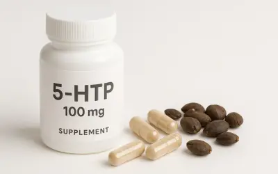 Biała butelka suplementu 5-HTP 100 mg, obok kilka kapsułek i nasion. 5-HTP to prekursor serotoniny, kluczowego neuroprzekaźnika.