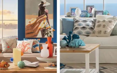 Un salotto con un quadro di una donna in spiaggia, cuscini a tema marino e decorazioni in corallo. Uno stile mediterraneo contemporaneo che evoca la brezza marina.