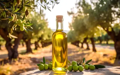 Aceite de oliva virgen extra en una botella, rodeado de aceitunas frescas y un olivar al atardecer. Pregúntate: ¿cuánto aceite da un olivo?