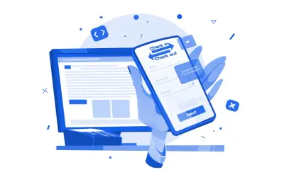 Dłoń trzyma smartfon z formularzem check in. Obok ekran komputera z kodem.