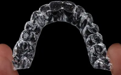 Przezroczysty aparat Invisalign, trzymany palcami, z widocznymi indywidualnymi nakładkami na zęby.