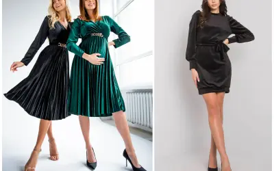 Elegancka sukienka welurowa plus size w kolorze zielonym i czarnym. Dwie kobiety prezentują modele z plisowanym dołem i złotym zdobieniem.
