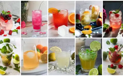 Vielfalt an erfrischenden Sommergetränken und Cocktail-Rezepten mit Früchten, Minze und Eis.