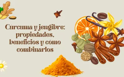 Montaje de cúrcuma y jengibre, con especias como anís estrellado, canela, vainilla, clavo, nuez moscada, granos de café y rodaja de naranja.