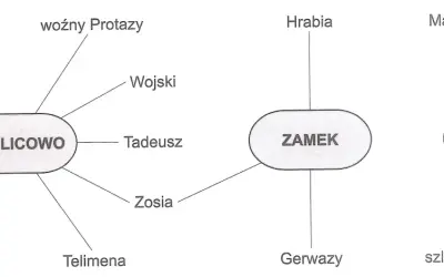 Schemat przedstawia pan tadeusz bohaterowie: Soplicowo (Tadeusz, Sędzia, Podkomorzy, Woźny Protazy, Rejent, Asesor, Ksiądz Robak, Telimena, Zosia), Zamek (Hrabia, Gerwazy) i Zaścianek (Maciej Dobrzyński, szlachta zagrodowa).