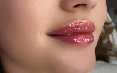 Błyszczące, pełne usta baby doll po zabiegu makijażu permanentnego.