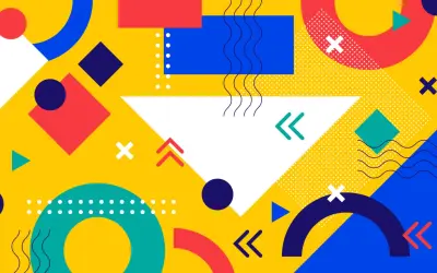 Kolorowe kształty geometryczne tworzą dynamiczne tło na wizytówkę.
