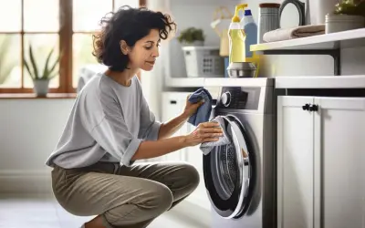 Donna pulisce la lavatrice dopo un lavaggio a 90 gradi, sperando di eliminare la puzza.