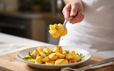 Une fourchette soulève des pommes de terre sautées dorées et garnies d'herbes fraîches, servies dans une assiette blanche.