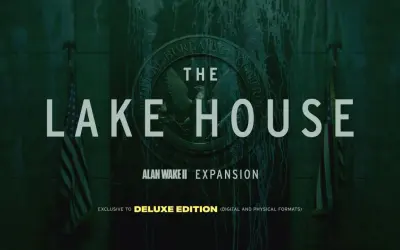 Grafika z napisem "The Lake House", logo Federal Bureau of Control i flagą USA.