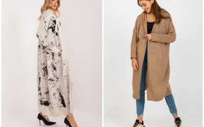 Dwie kobiety prezentują długie kardigany. Jeden w beżowym kolorze, drugi z czarnym wzorem. Idealne kardigany damskie plus size.