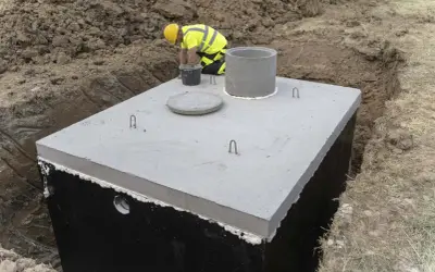 Budowa betonowego zbiornika na deszczówkę. Pracownik w żółtym kasku i kamizelce odblaskowej nadzoruje montaż.