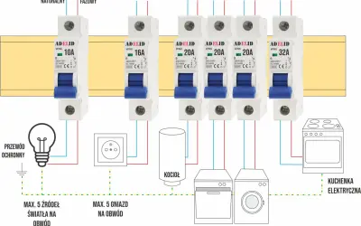 Schemat instalacji elektrycznej z zabezpieczeniem nadprądowym, pokazujący wyłączniki chroniące obwody oświetlenia, gniazd, kotła, zmywarki, pralki i kuchenki.