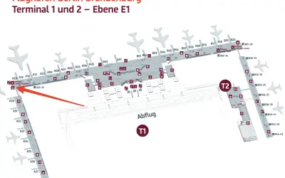 Plan des Flughafens Berlin Brandenburg, Ebene E1. Zeigt Gates A und B sowie den Weg zur Priority Pass Lounge Berlin.