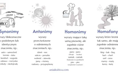 Ilustracja wyjaśnia pojęcia językowe: synonimy, antonimy, homonimy i homofony. Homonimy to wyrazy o tej samej pisowni, ale różnych znaczeniach, np. zamek.