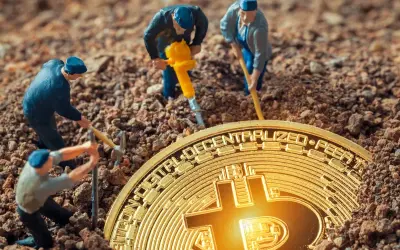 Figurki górników pracują przy kopaniu kryptowalut, używając kilofów i młota pneumatycznego, aby wydobyć złoty Bitcoin z ziemi.