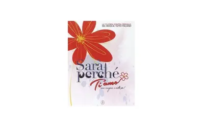 Okładka musicalu "Sarai perché ti amo". Czerwony kwiat na tle akwarelowych plam.