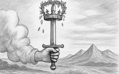 En hand håller ett svärd krönt med lagerkrans, symbol för andlig upplysning. Moln och berg i bakgrunden.