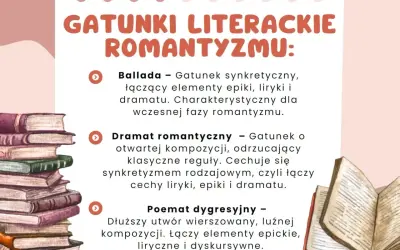 Gatunki literackie romantyzmu: ballada, dramat romantyczny, poemat dygresyjny. Obok stosy książek, jakby do nauki.