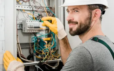 Elektryk z uprawnieniami SEP do 1kV pracuje przy rozdzielnicy, poprawiając okablowanie.