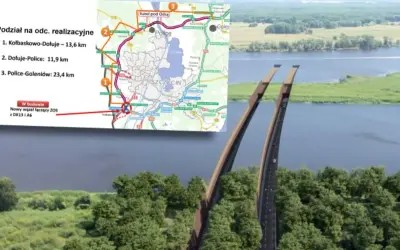 Mapa i wizualizacja pokazują budowę zachodniej obwodnicy Szczecina, w tym tunel pod Odrą i nowy węzeł.