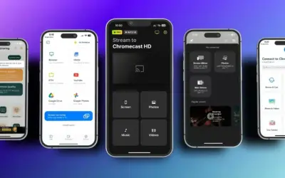 Aplikacje na iPhone'a pokazujące funkcje screen mirroring, strumieniowanie do Chromecast HD, przeglądanie i przesyłanie treści.