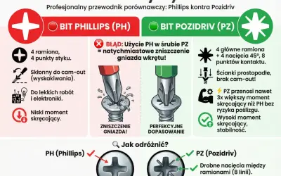 Porównanie rodzajów bitów do wkrętarek: PH (Phillips) i PZ (Pozidriv). PH ma 4 ramiona, PZ 8. PZ zapewnia lepsze dopasowanie i większy moment obrotowy.