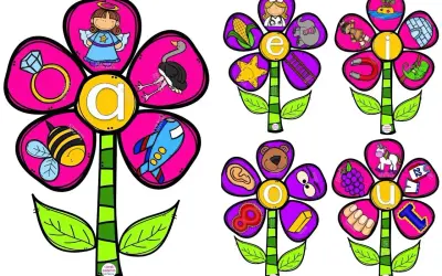 Flores con vocales para imprimir: A (ángel, anillo, abeja, avestruz, avión), E (enfermera, elefante, estrella, escalera, elote), I (isla, indio, imán, iguana, iglú), O (oso, ojo, oreja, ocho, oro), U (unicornio, uvas, uniforme, uña, uno).