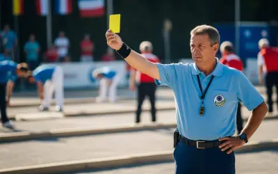 Arbitre de pétanque brandit un carton jaune, rappelant les nouvelles règles. Des joueurs se penchent sur le terrain.