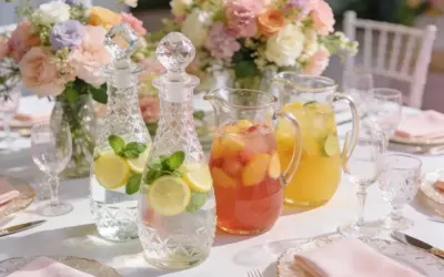 Elegancko nakryty stół weselny z karafkami wody z cytryną i miętą oraz dzbankami z owocowymi napojami. Idealne na wesele, ile soków na wesele!