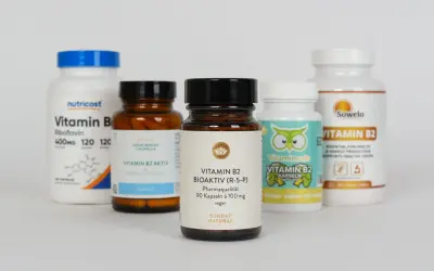 Fünf Flaschen mit Vitamin B2-Präparaten, darunter Nutricost, Sunday Natural und Sowelo.
