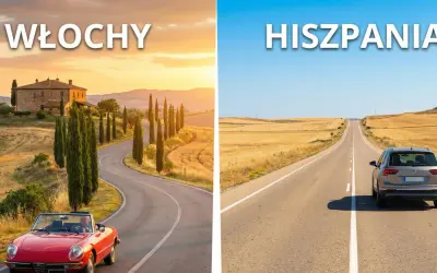 Włochy czy Hiszpania na wakacje? Po lewej Toskania z cyprysami i czerwoną Alfą Romeo, po prawej hiszpańska droga z bykiem na wzgórzu.