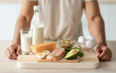Alimenti ricchi di proteine per i muscoli: pollo, uova, formaggio, latte, frutta secca e avocado.