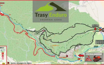 Mapa tras Enduro w Srebrnej Górze. Widać tu ścieżki rowerowe, punkty dostępu i oznaczenia tras, w tym "D-ROMET RED LINE".