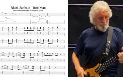Nuty i tabulatura do "Iron Man" Black Sabbath z basistą grającym na gitarze basowej.