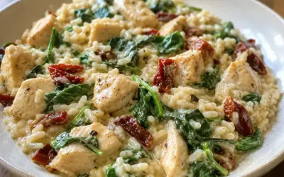 Pyszna pierś z kurczaka z suszonymi pomidorami i szpinakiem w kremowym risotto. Ania gotuje mistrzowsko!