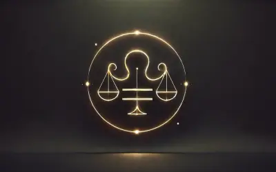 Złoty symbol Wagi, symbol 11. domu astrologii, świeci na ciemnym tle.