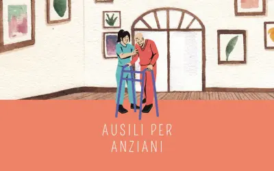 Assistente aiuta anziano con deambulatore. La domotica per anziani migliora la loro autonomia e sicurezza.