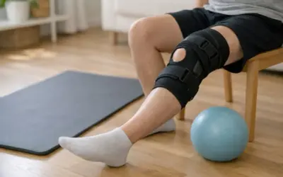 Osoba w ortezie kolana wykonuje ćwiczenia rehabilitacyjne po zwichnięciu rzepki. Obok leży mata i piłka.
